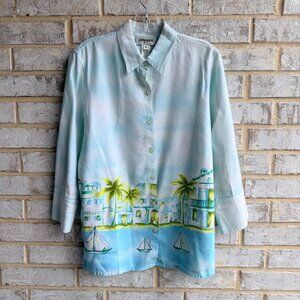 EasySpirit Linen Blend Long Sleeve Button Front Tropical Vacay Shirt  Size M.